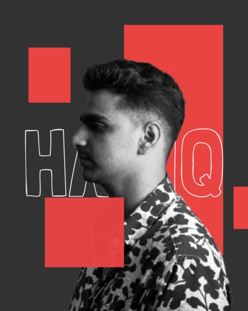 Freelance Digital Marketer in dubai in a black and white floral shirt, standing sideways against a bold red and dark grey graphic background featuring the name "HADIQ".